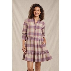 Toad&Co Re-Form Tiered Dress Dawn Women XS Plaid Mauve Cream‎ NWT Eco-Chic